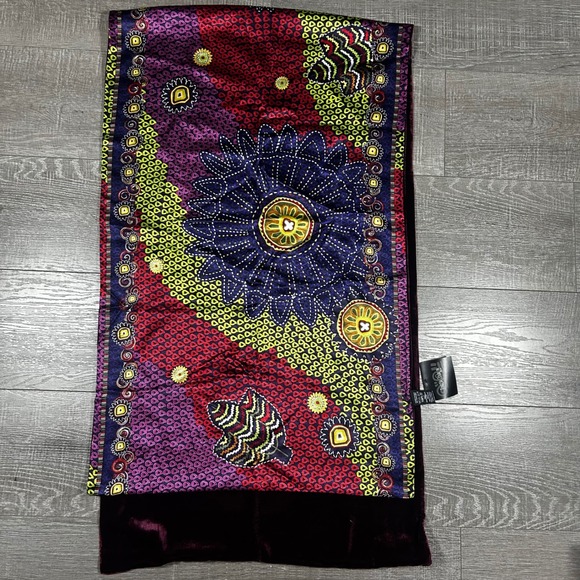 Pineda Covalin Silk Scarf Shawl Colorful Floral Velvet Trim Made in Mexico - Picture 2 of 8